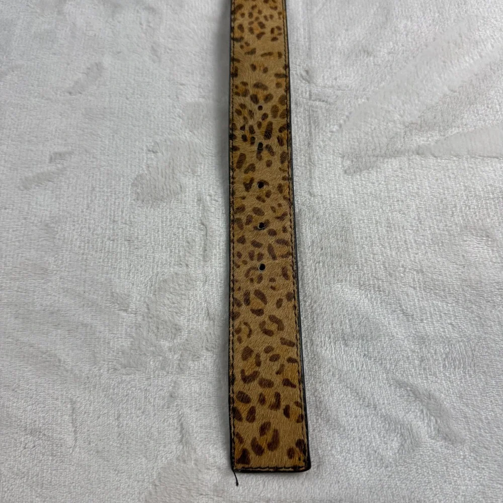 Leopard Calf Hair Belt Womens Small Brown Gold Square Buckle Leather Face Wide